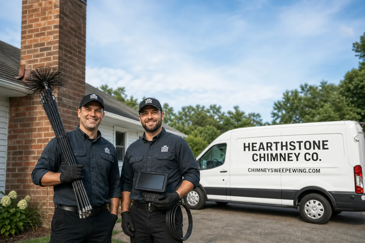 Hearthstone Chimney Co. chimney cleaning service vehicle and crew in Ewing, NJ
